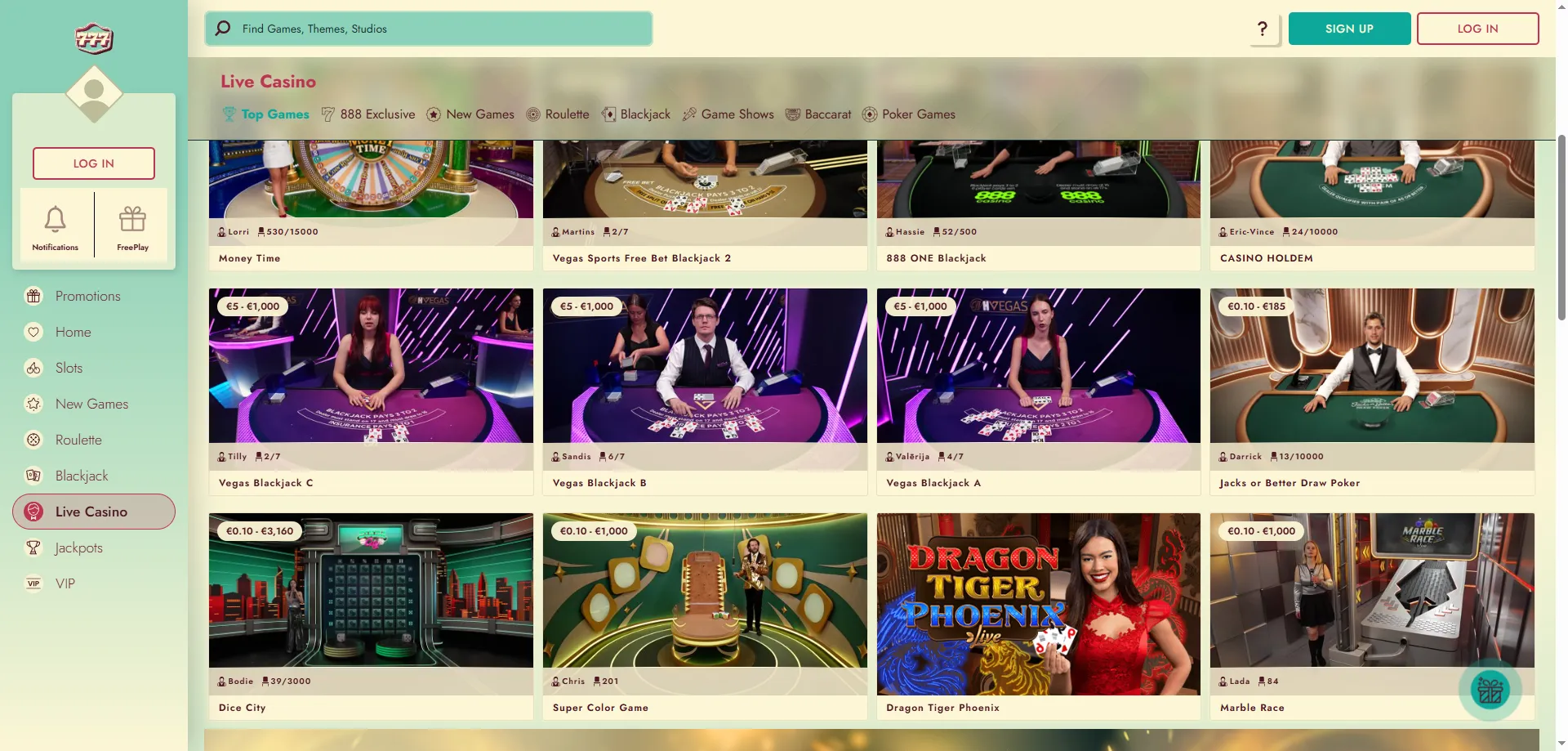 777 Casino live dealer tables — roulette, blackjack, and Crazy Time