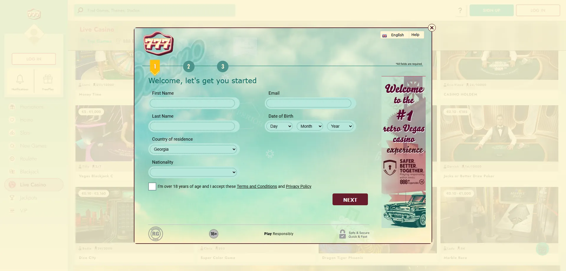 777 casino login register account creation on mobile app