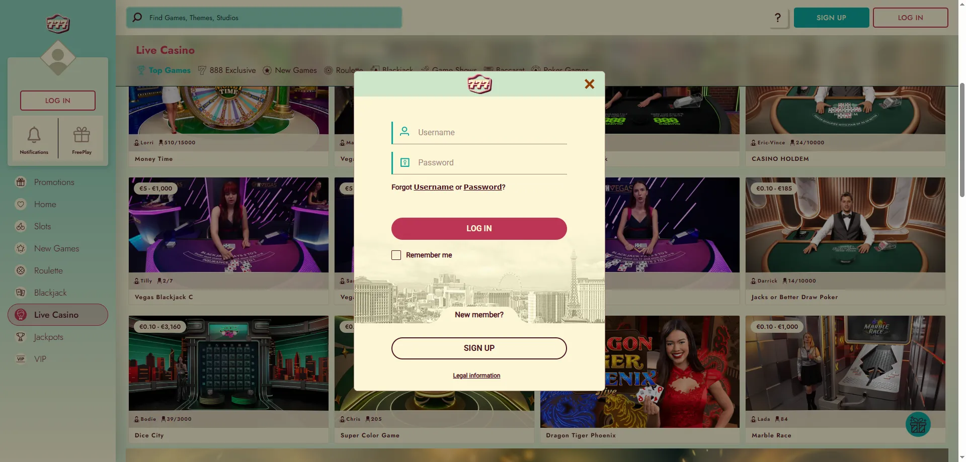777 Casino login and sign-up page for new and existing players