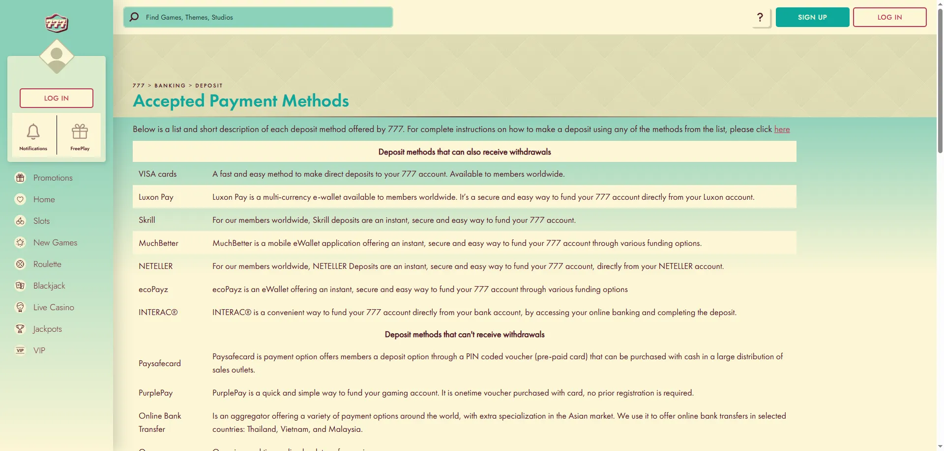 777 Casino deposit and withdrawal — Visa and Mastercard payment methods